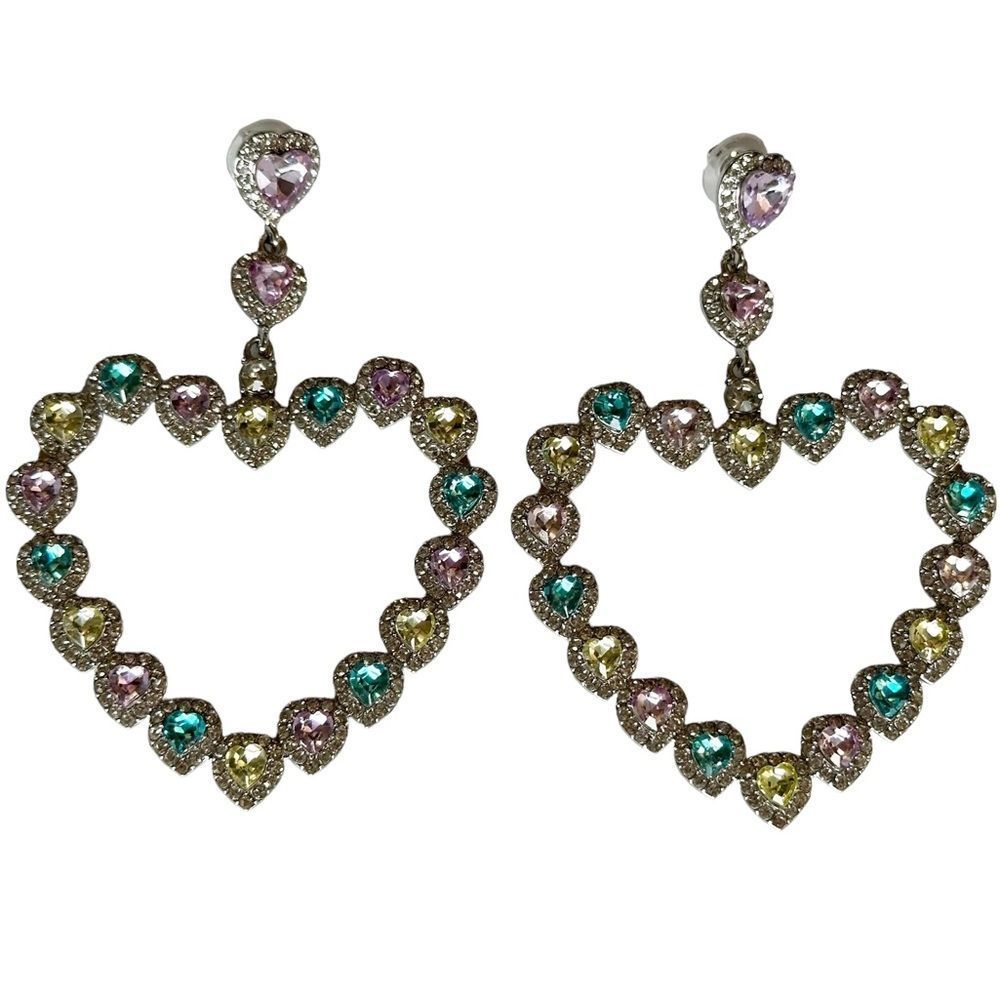 Silver and Pastel Multicolor Gemstone Coquette Heart Drop Earrings